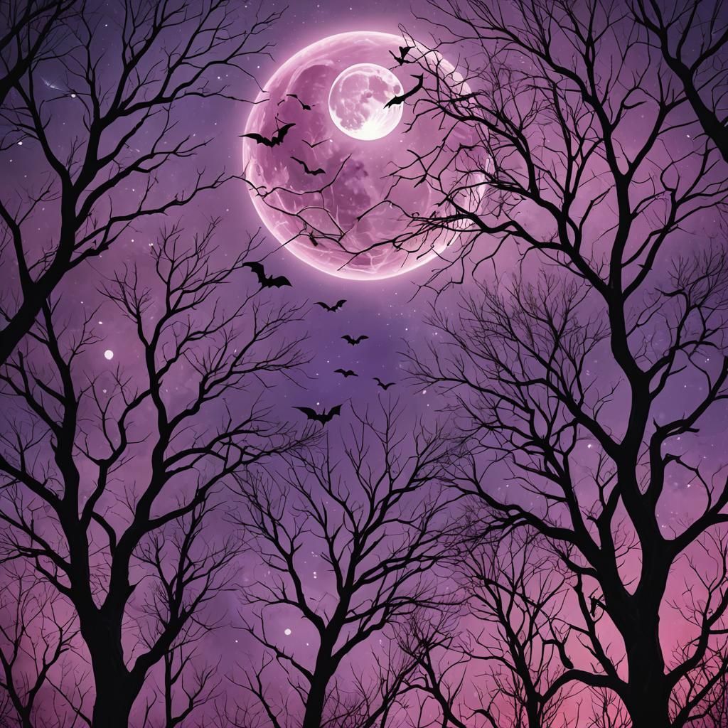 Cosmic Purple Sky with Bats and Roses