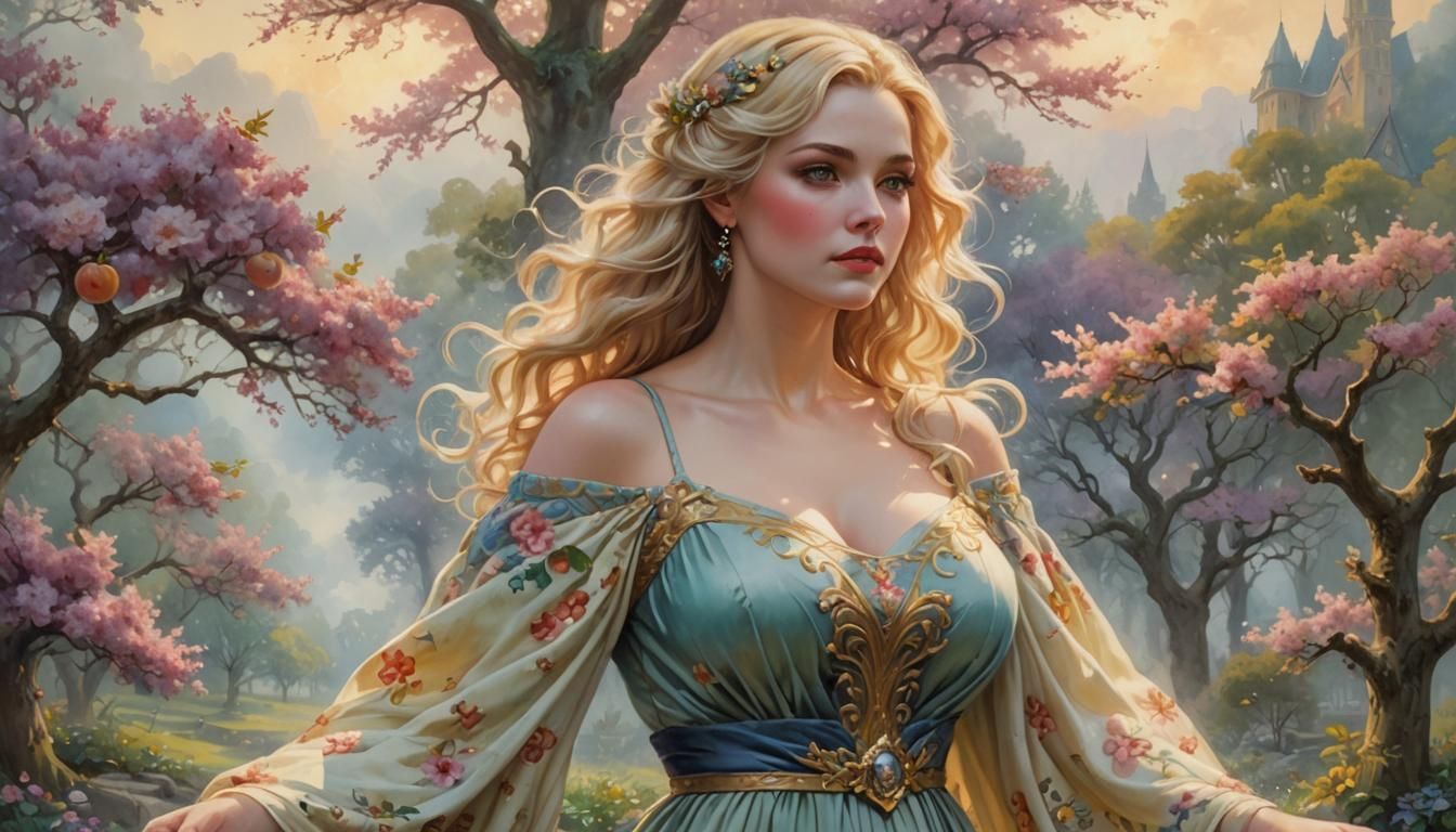 Watercolor Portrait of Blonde Woman in Ethereal Orchard