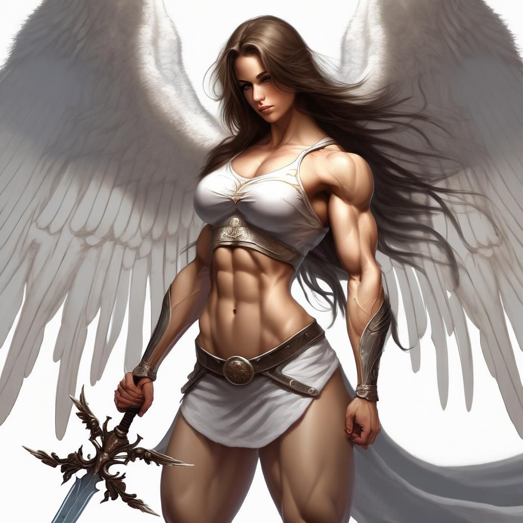 Muscular Woman with Wings and Sword, Digital Art