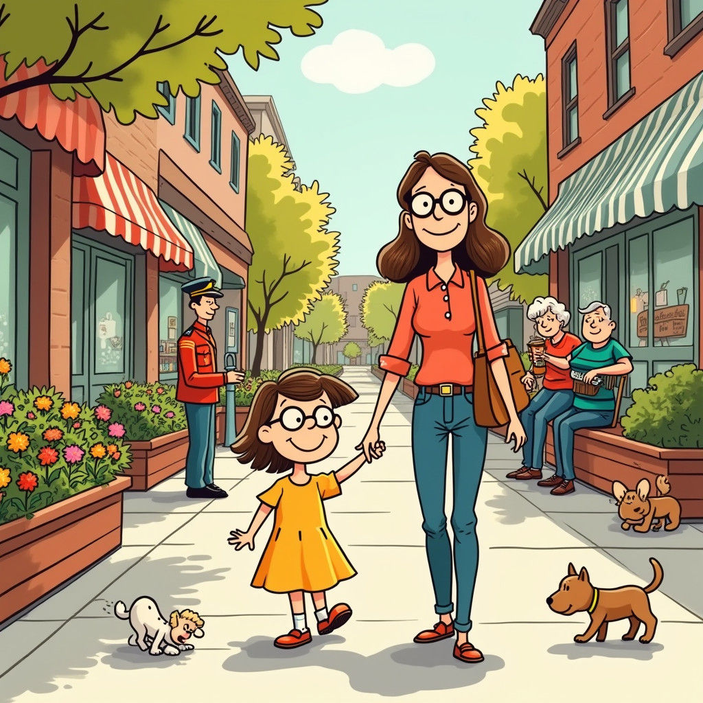 Happy Mother and Child in Schulz Style Illustration