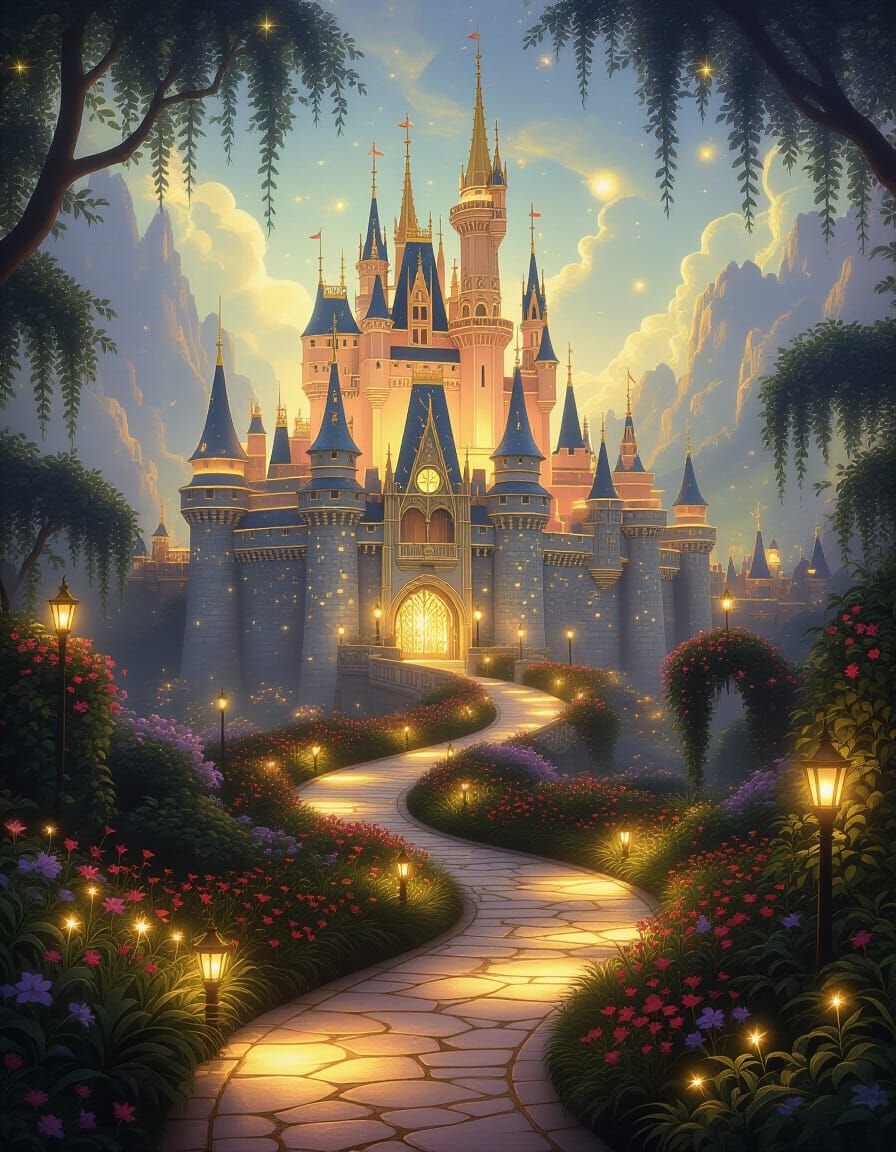 Golden Fantasy Castle in Bioluminescent Garden