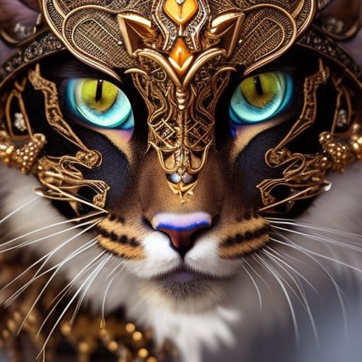 Fierce Cat Warrior Portrait in Filigree Armor
