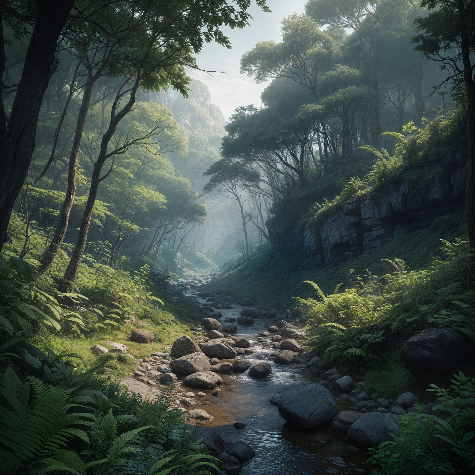 Pequeno riacho cortando a floresta.