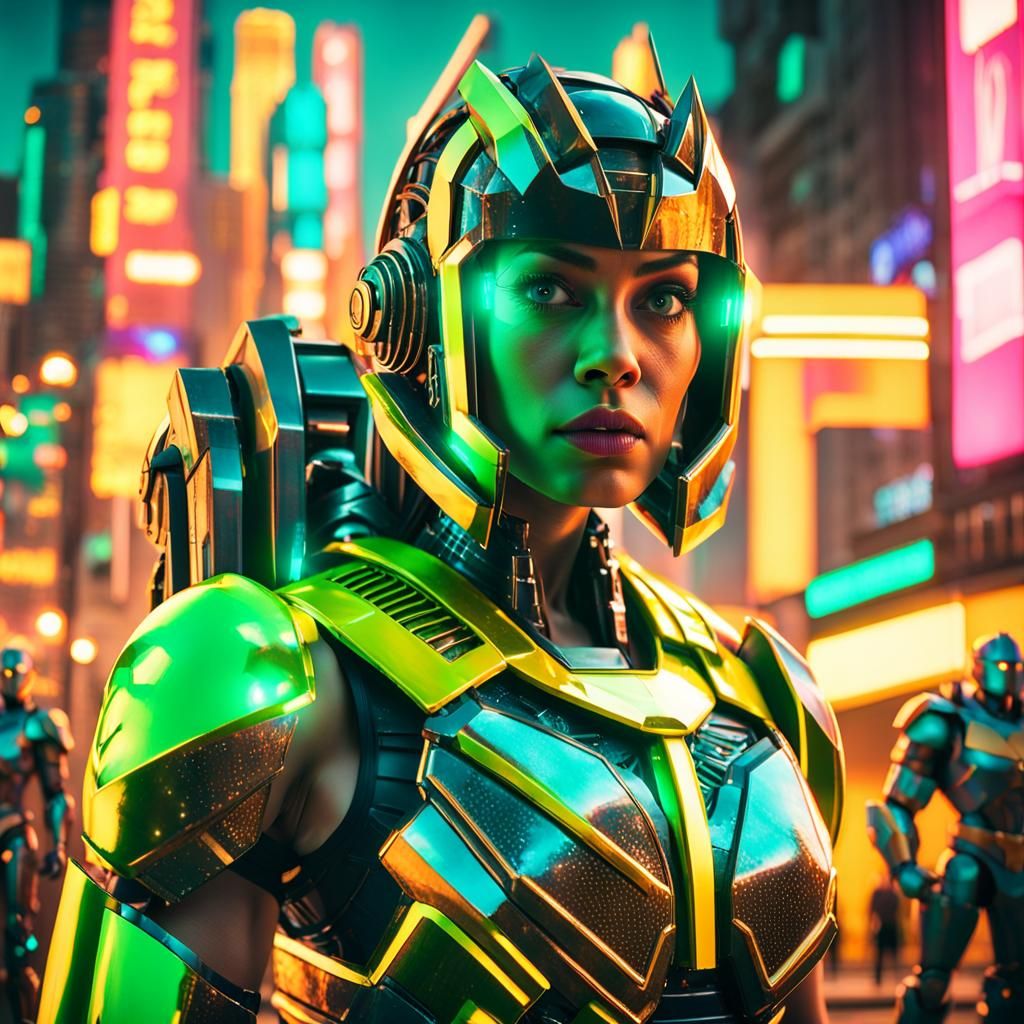 Neon Bikini Superhero with Robot Warrior, Cinematic Style