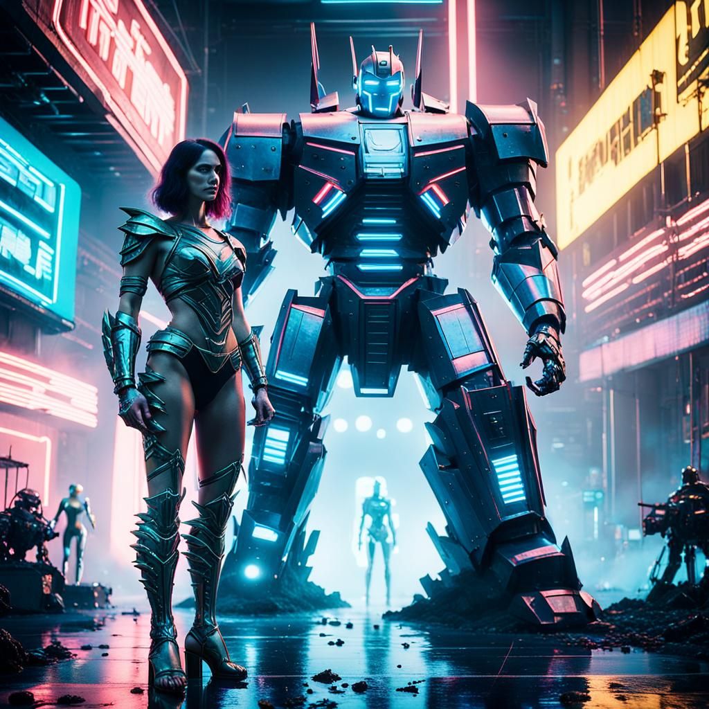 Neon Superhero and Robot Warrior: Cinematic Film Still