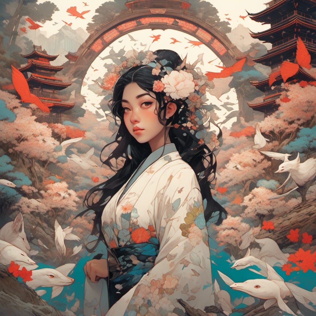 Japanese Woman in Traditional Garden Portrait