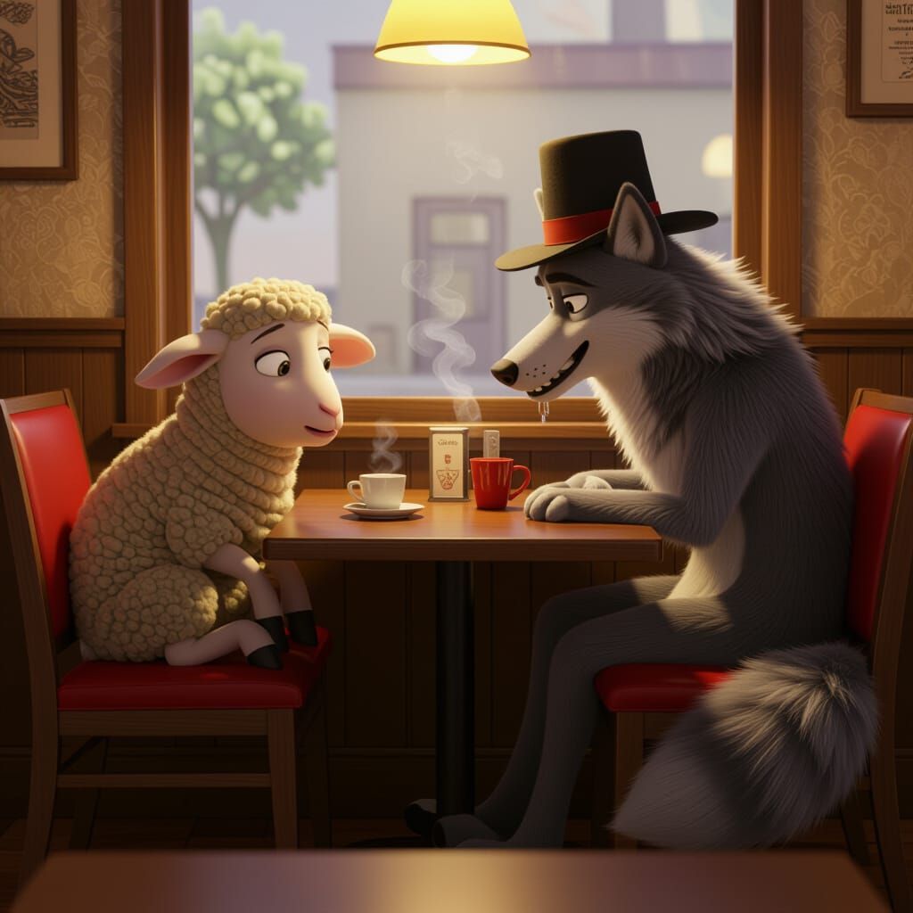 Anxious Lamb's Date with a Wolf: Pixar 3D Render