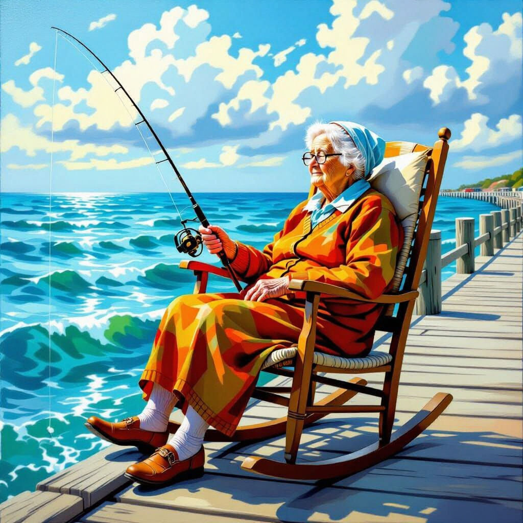 Granny Fisher Sleeping by the Sea: Oil Painting