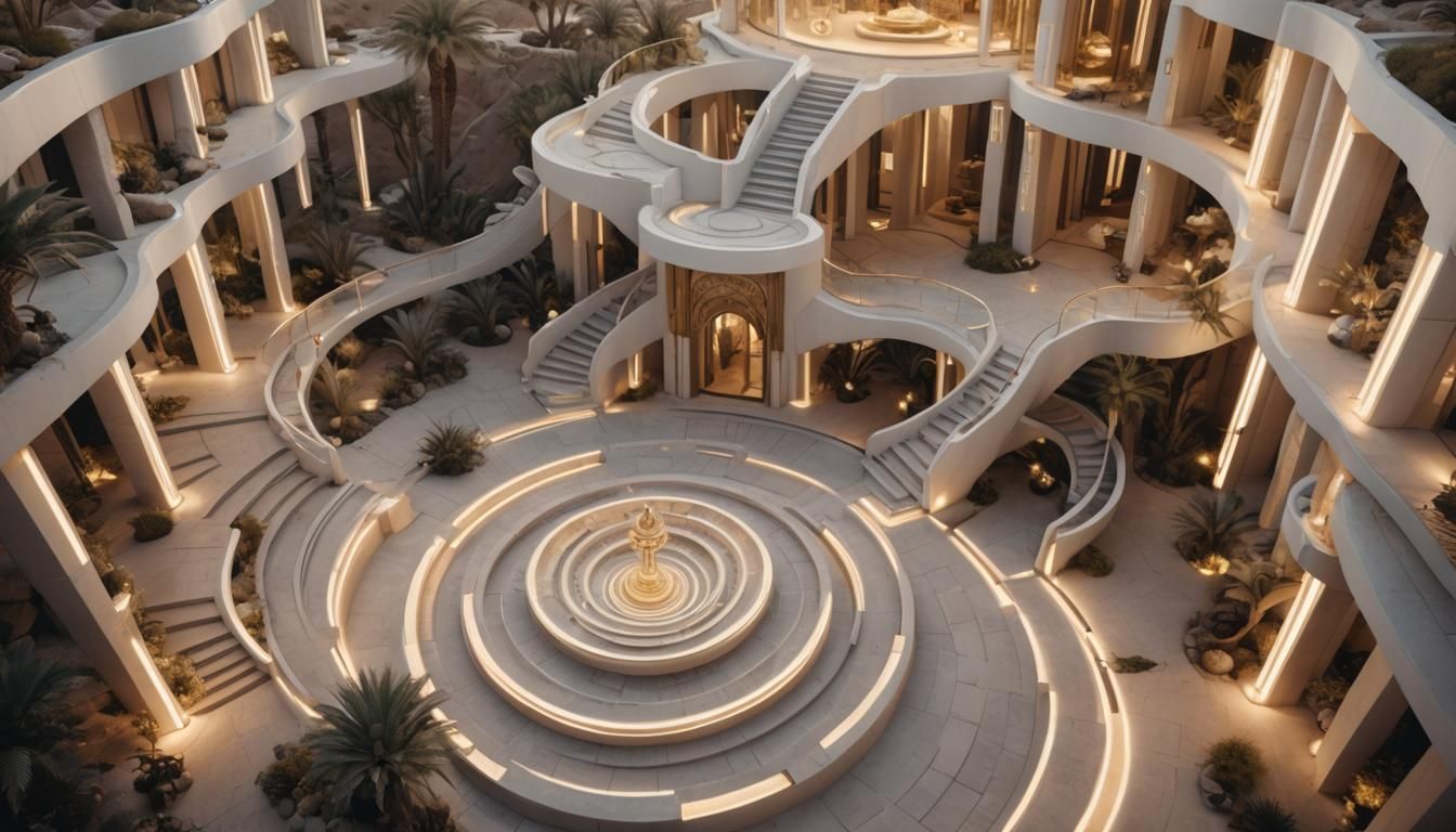 hyperrealistic shot from slightly above, cinematic, wide shot. desert oasis, stunning . inside a white and gold color be...