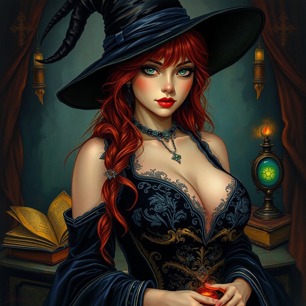 Ravishing Redhead Witch Portrait in Dark Romanticism Style