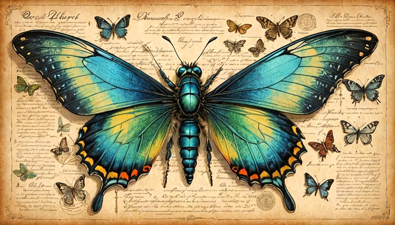 Iridescent Butterfly Anatomy on Parchment Drawing