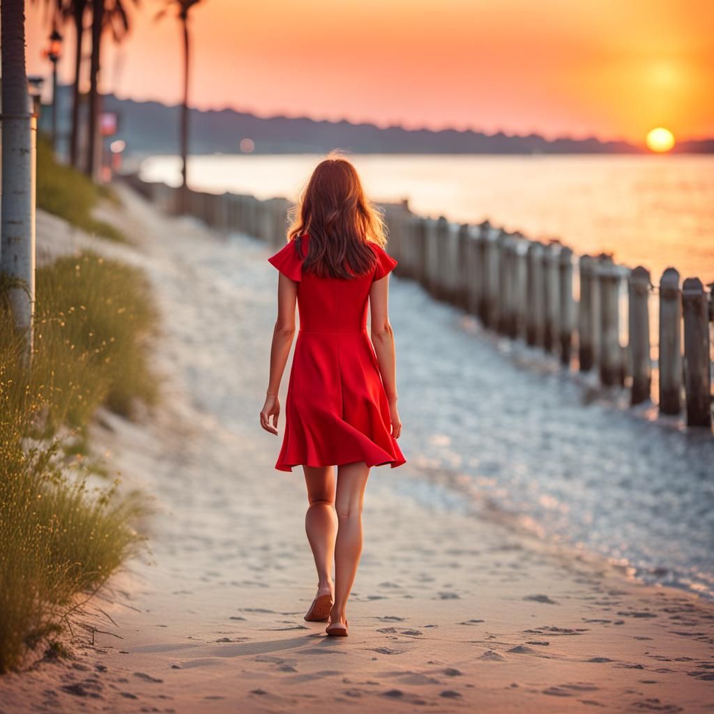Woman in Red Dress Walks on Beach at Sunset