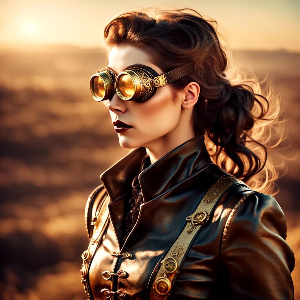 Steampunk Siren Contemplates a Glimmering Lens in the Distan...