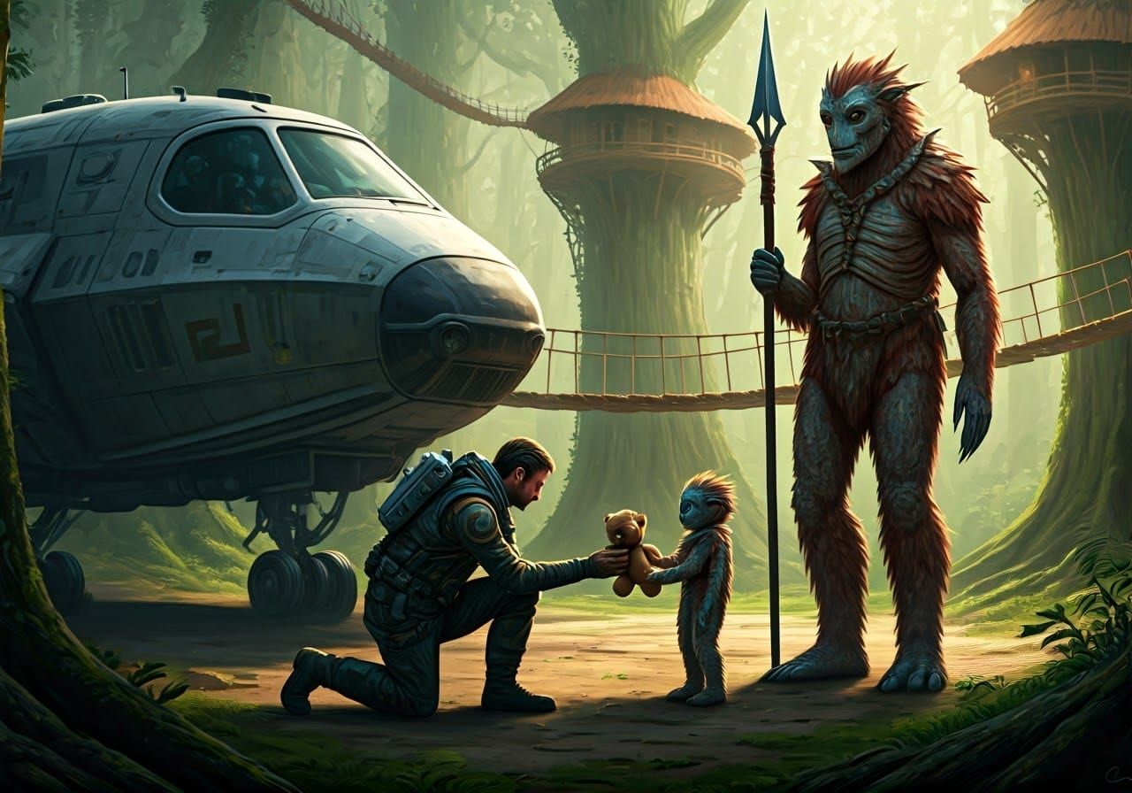 Human Explorer Gives Teddy Bear to Alien Child