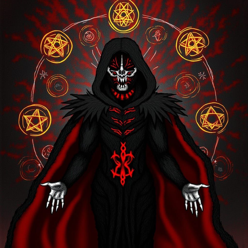 Eldritch God in Dark, Mysterious Attire with Ancient Symbols