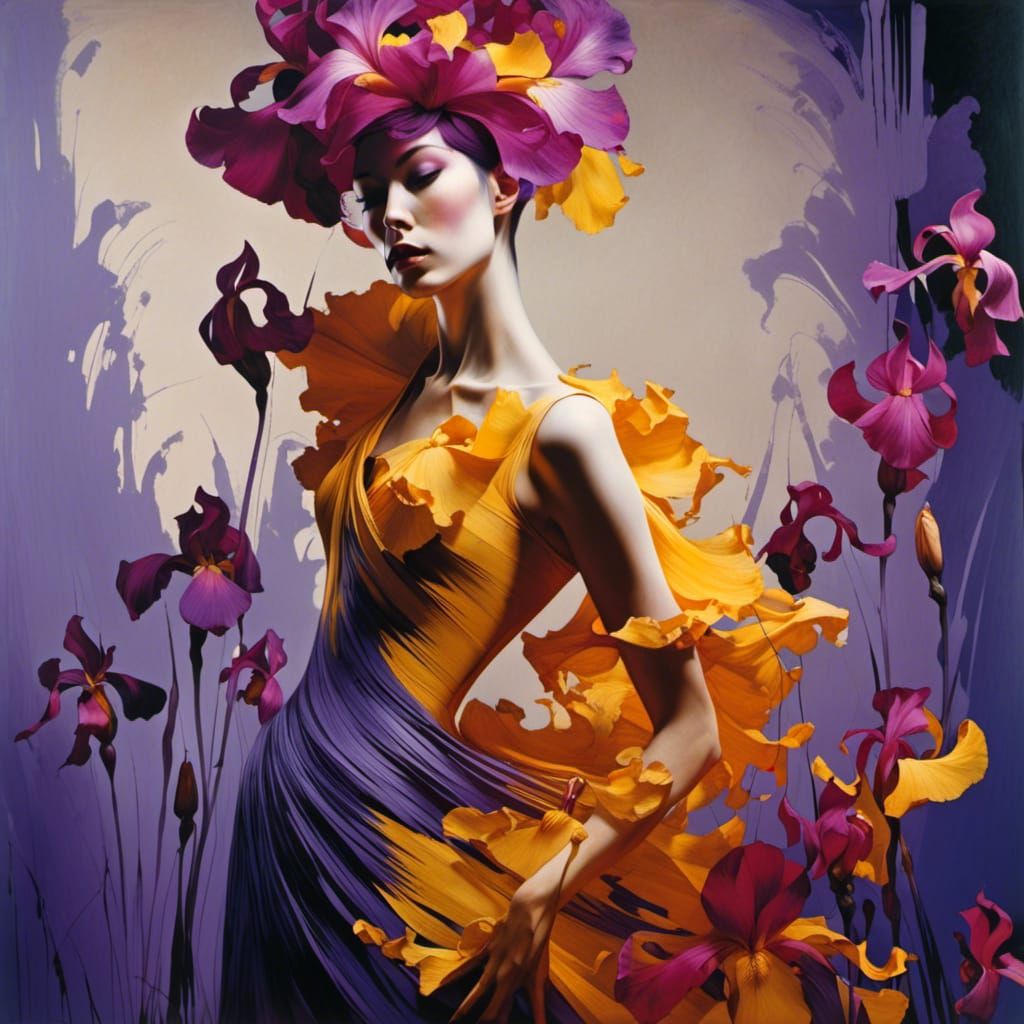 Dancer in Iris Field: A Surrealist Portrait