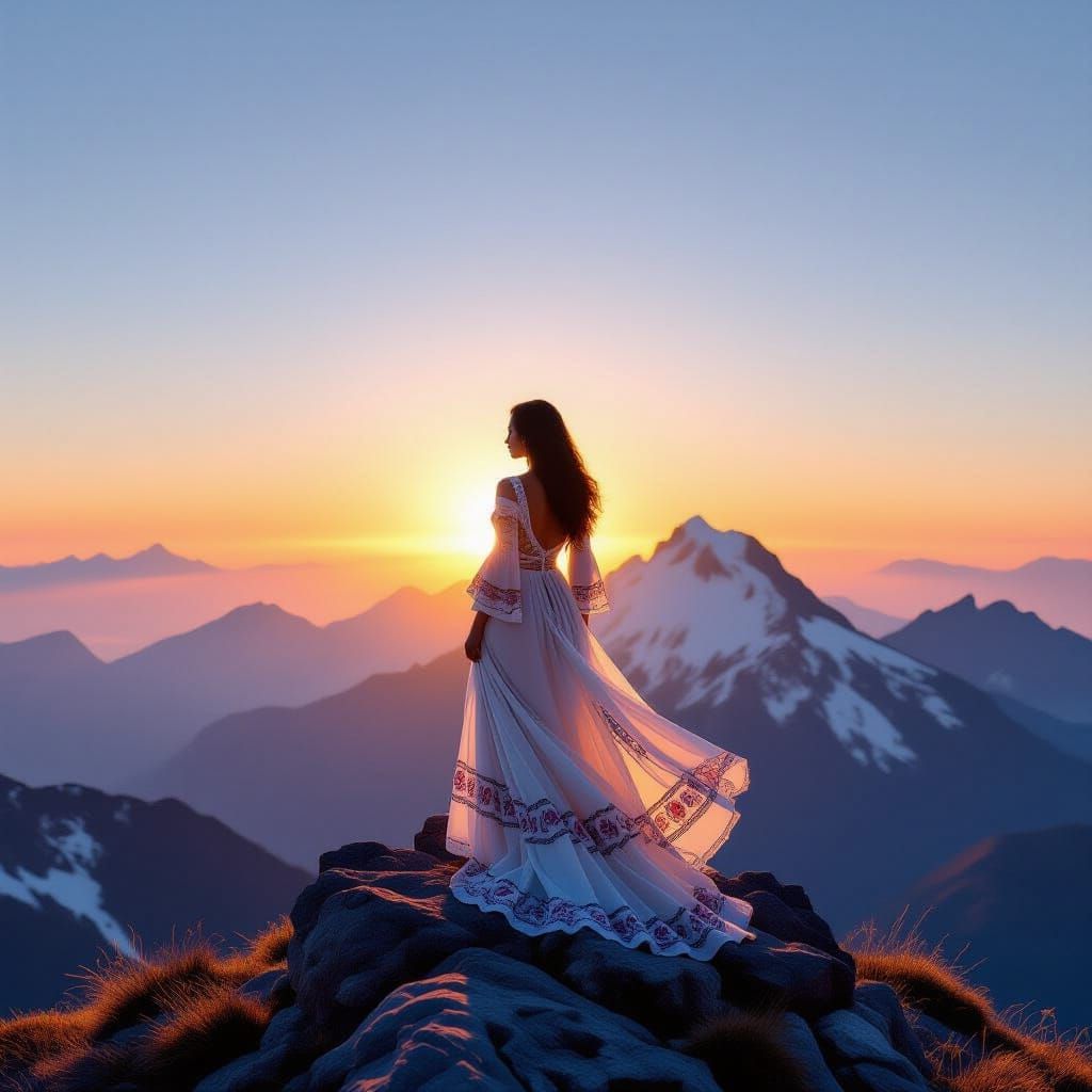 Dominican Woman on Snowy Peak at Dawn