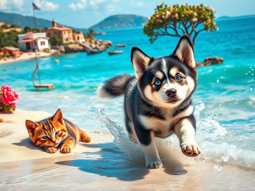 Joyful Siberian Husky Puppy in Vibrant Mediterranean Beach S...