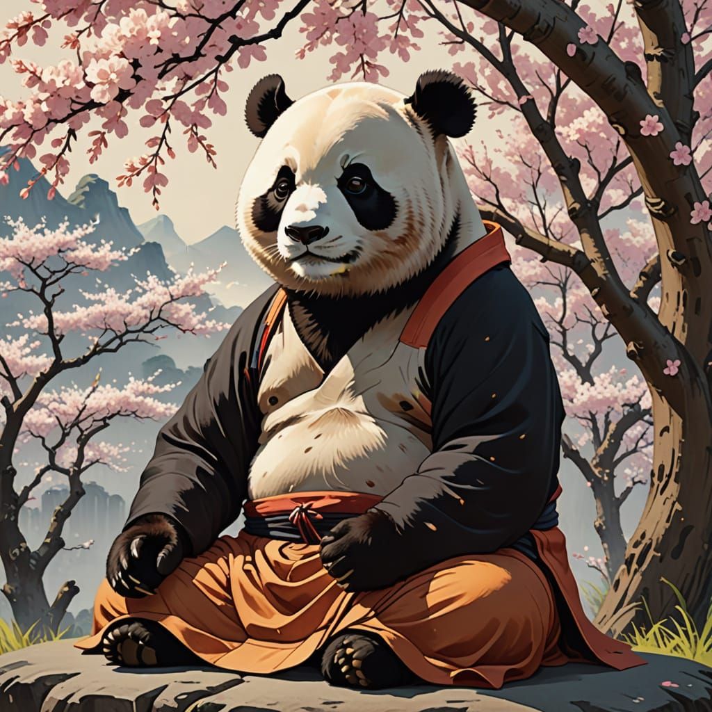 Serene Buddhist Monk Panda in Ukiyo-e Art Style