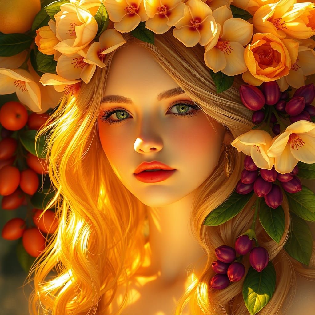 Golden Goddess Portrait with Transparent Fruits
