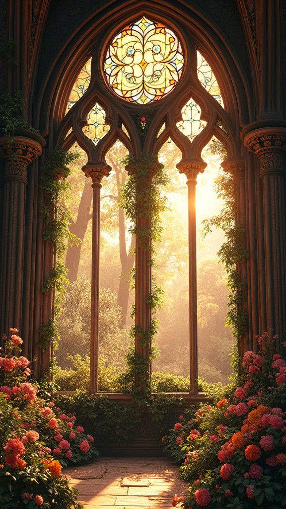 Majestic Stained Glass Windows in Fantasy Landscape