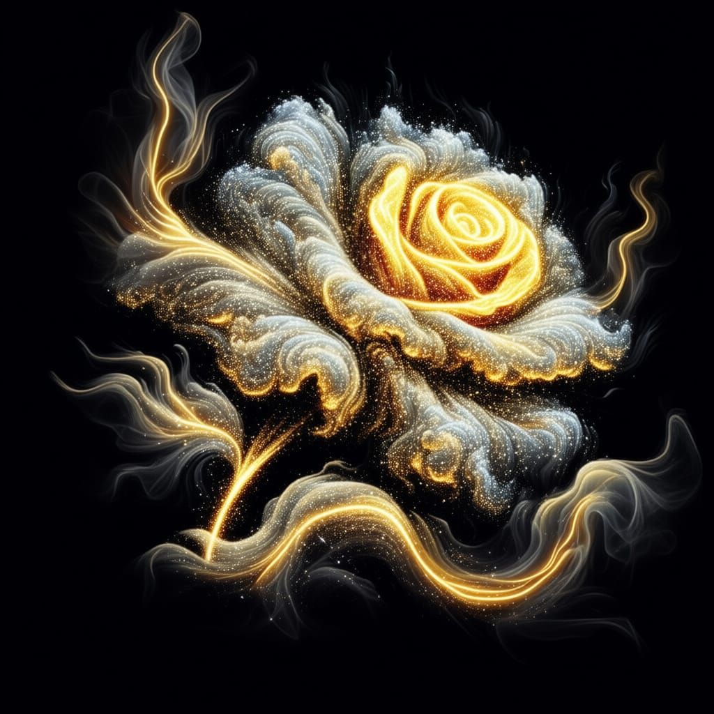 Neon Smoke Rose Painting with Gold and White Accents