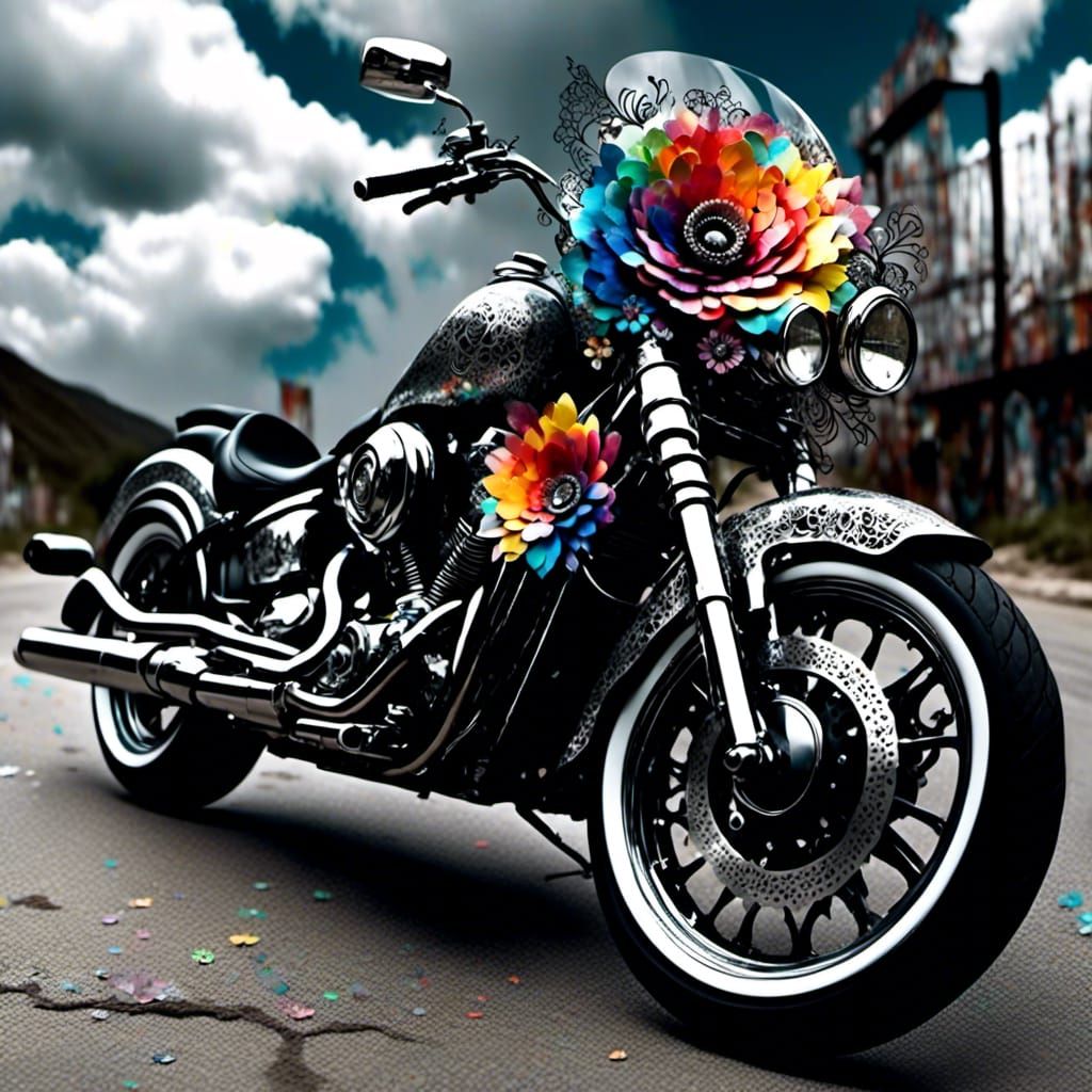 Motorcycle Adorned with Rainbow Lace and Gemstones