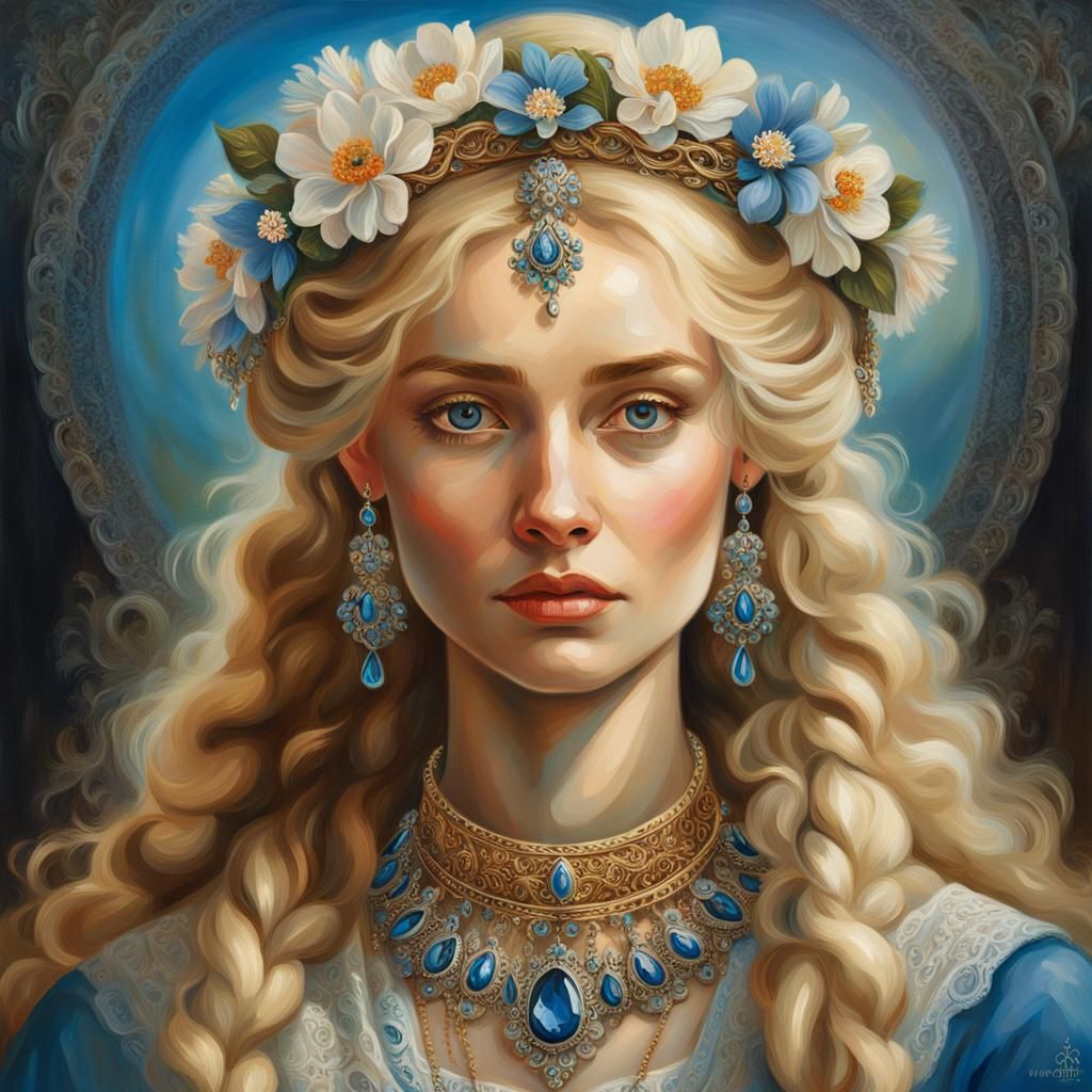 Slavic Beauty in Traditional Dress, Oil Painting