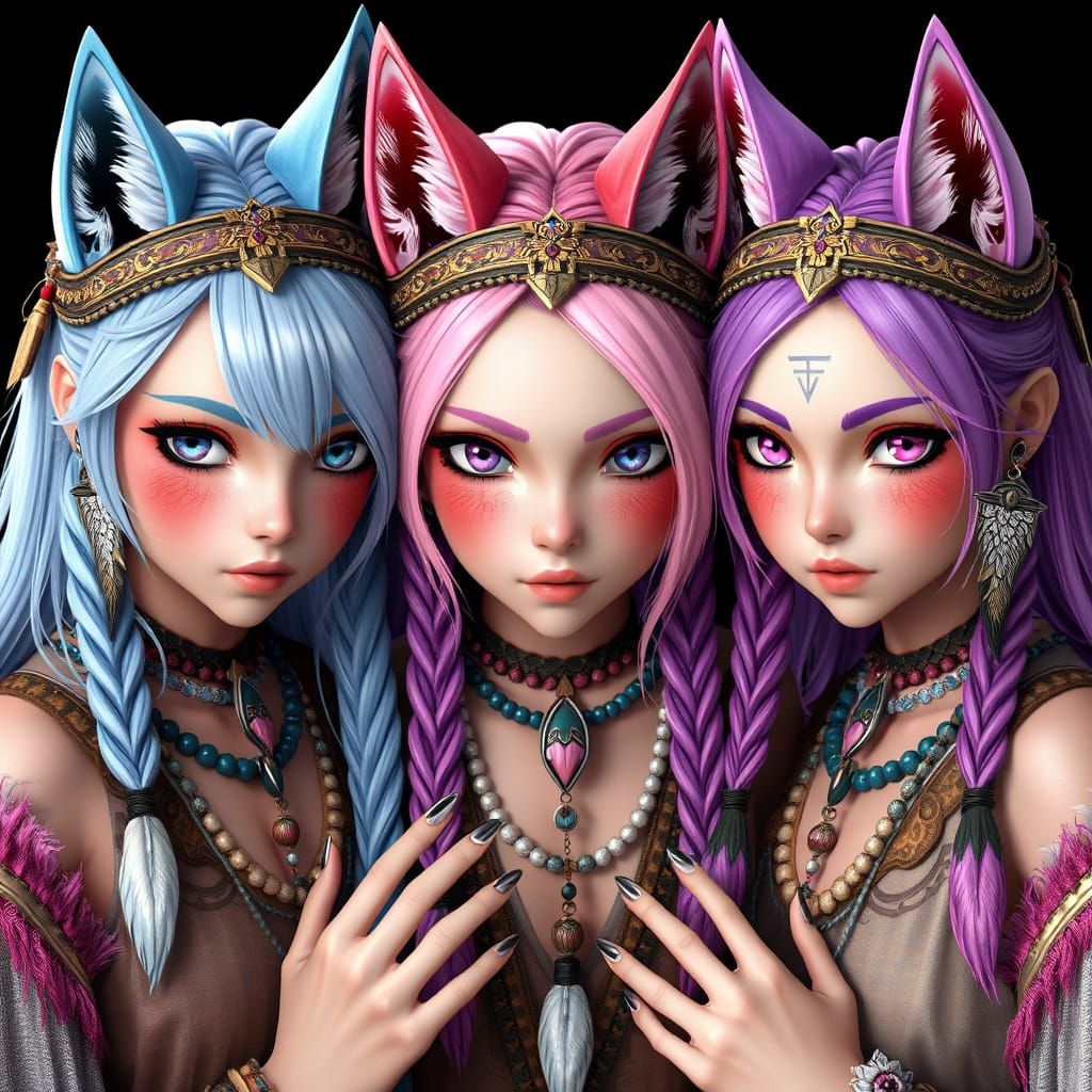 Native American Half-Wolf Triplets in 3D Anime Style