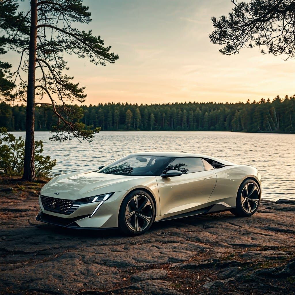 Cream Peugeot Concept Car by Woodland Lake