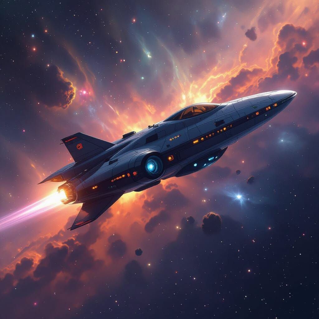 Futuristic Spaceship Soars Through Vibrant Galaxy