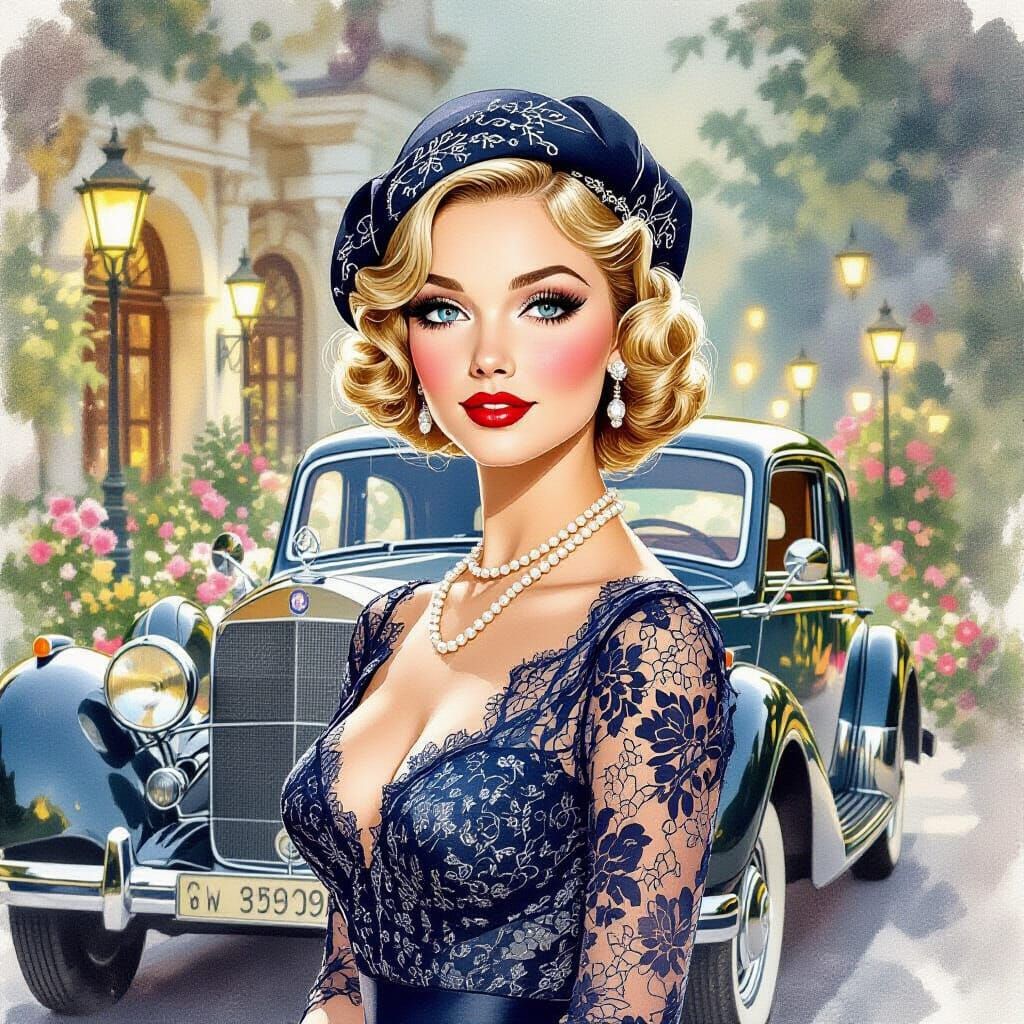 1930s Woman in Lace Dress with Pearls and Vintage Car