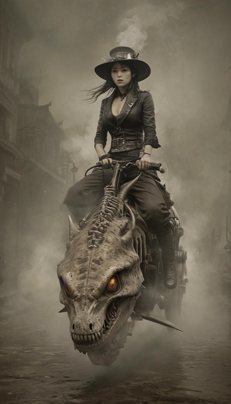 Ren Miho: 1880, Riding Dieselpunk Cyber Shark, Foggy,