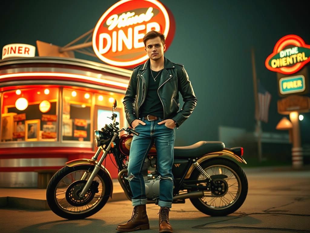 1950s Rebel Smoking by Diner in Cinematic Style