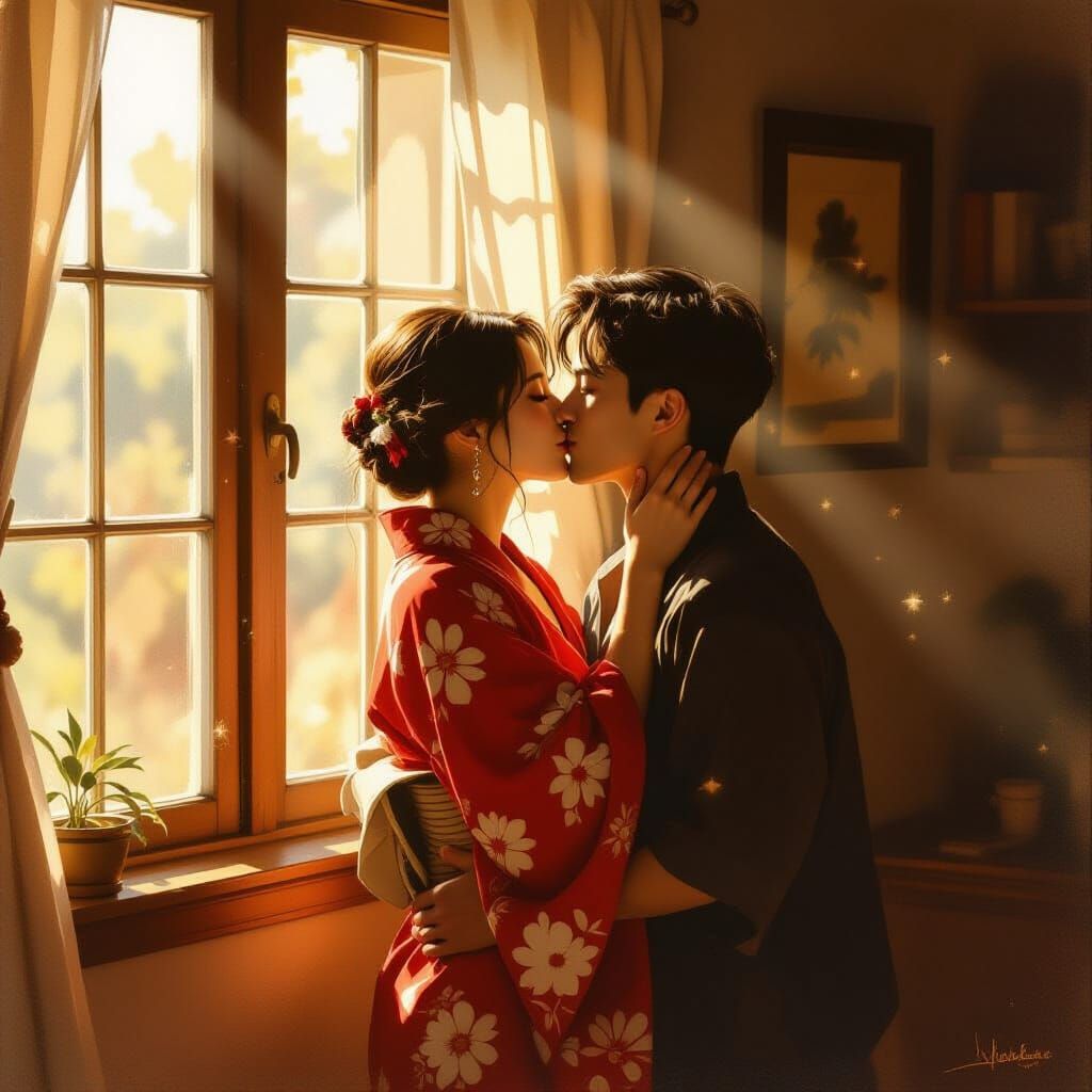 Romantic Painterly Scene: Tender Kiss in Golden Light