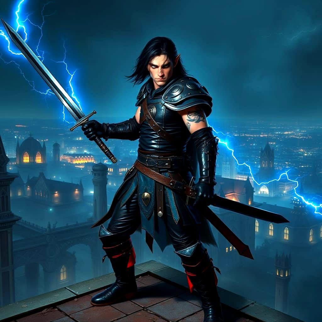Half-Elf Rogue Battles Orcs on Rooftop at Night