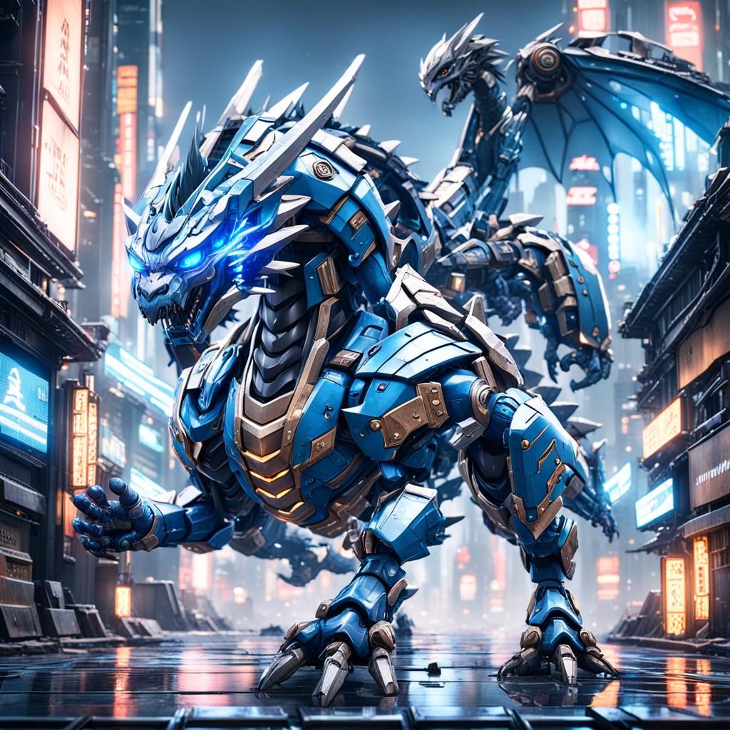 Blue Dragon Robot in Cyberpunk Mountain City