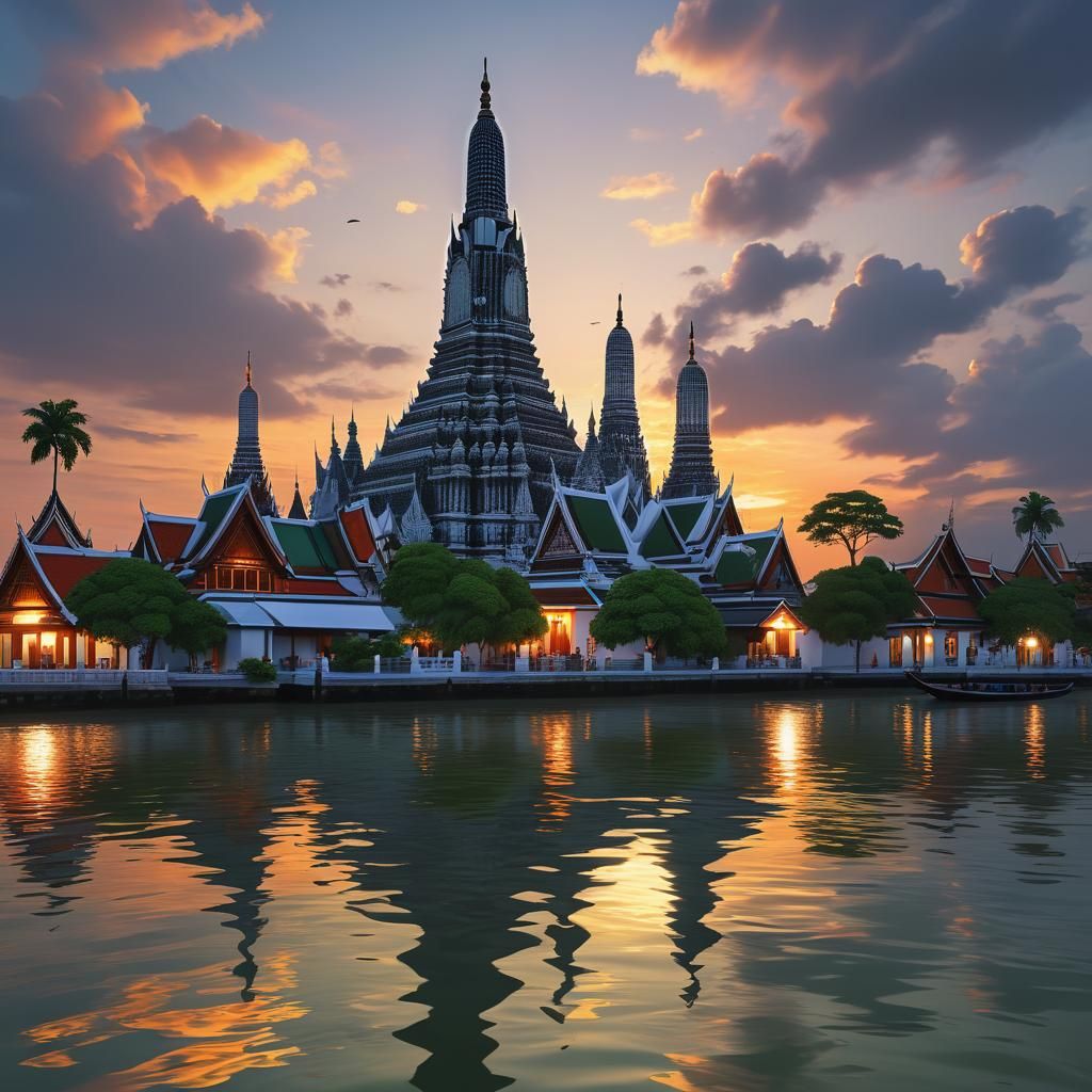 Wat Arun Sunset: Photorealistic Riverside Pagoda View
