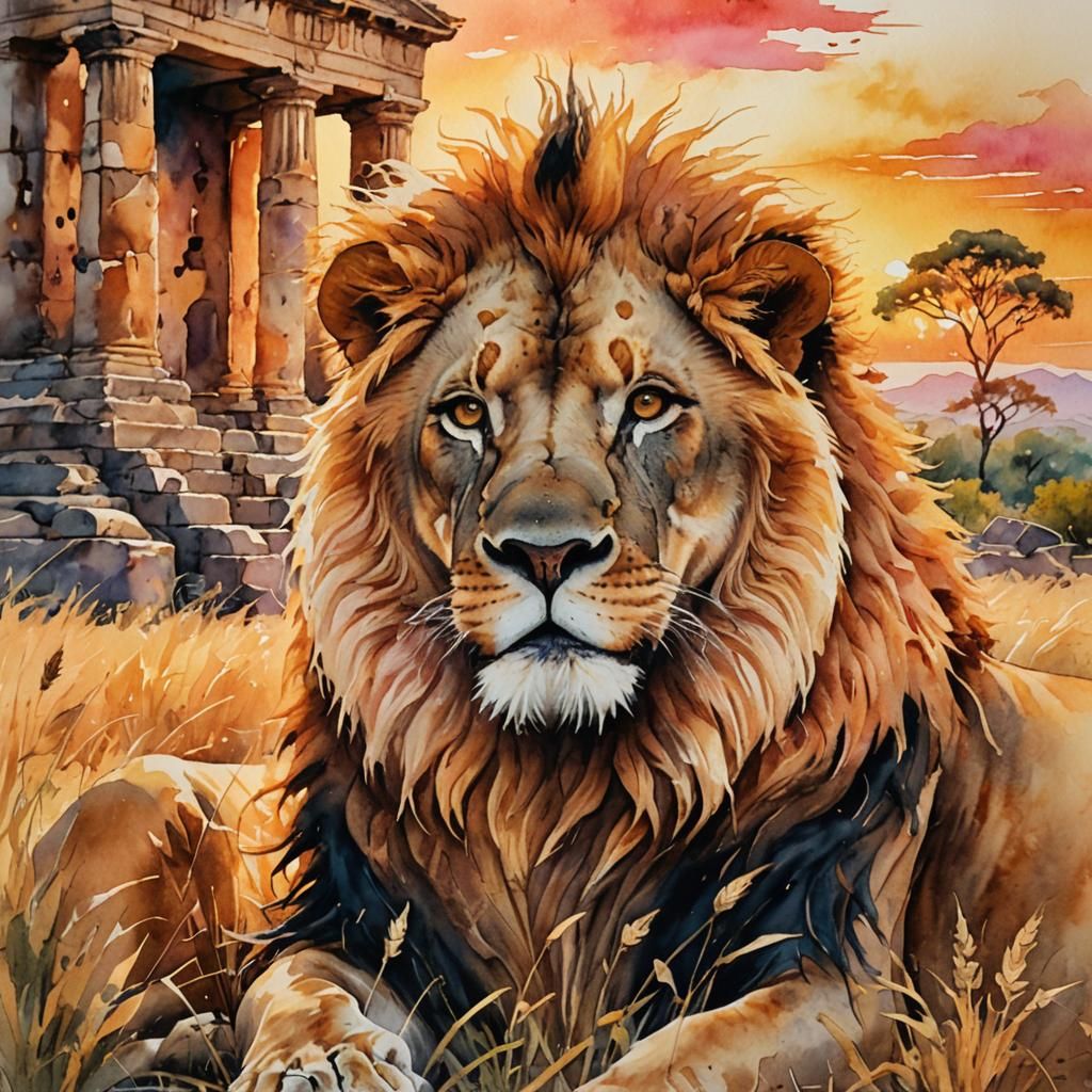 Majestic Lion in Watercolor Sunset Landscape