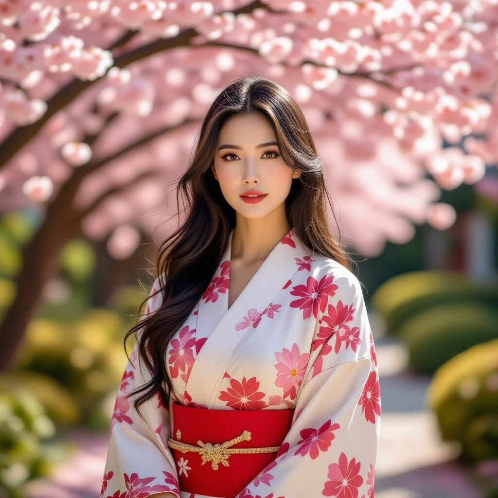 Chinese Woman in Cherry Blossom Garden
