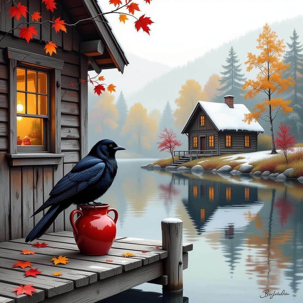 Autumn Bird on Dock in Warm, Rustic Style