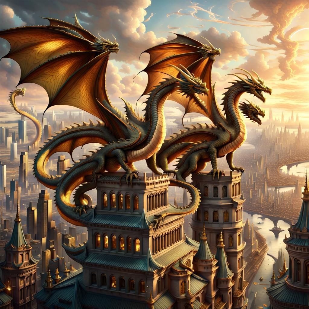 Majestic Dragons Soaring Above Medieval Cityscape