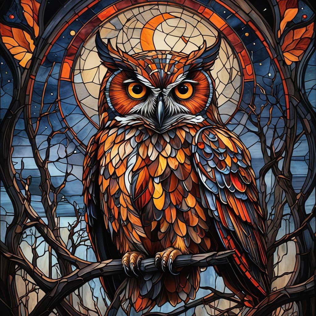 Psychedelic Stained Glass Owl in Moonlight