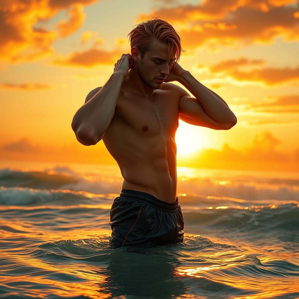 Fantasy Sunrise Beach Scene with Athletic Man