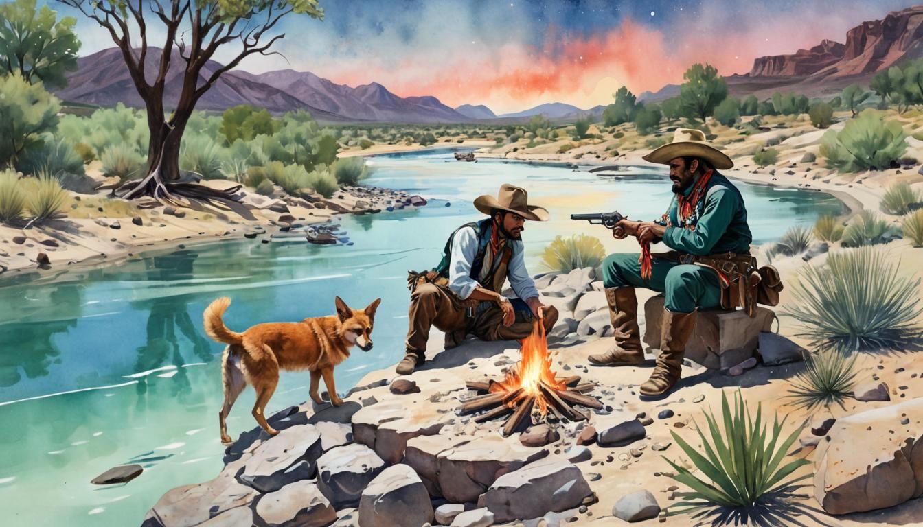 Wild West Scene in Comic Book Watercolor Style