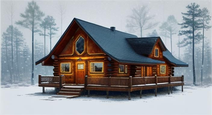 Watercolor Cabin in Woods with Snow Bird