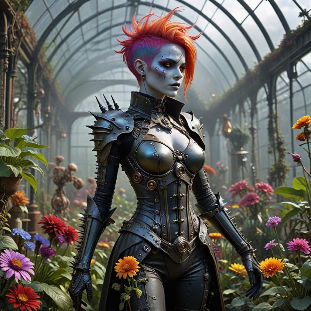 Gothic Cyborg Gardener in Steampunk Greenhouse