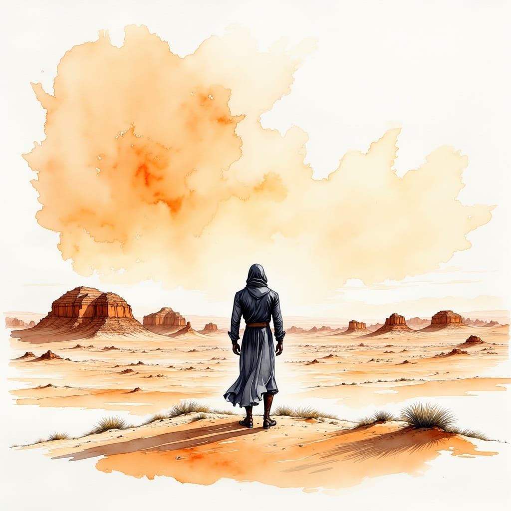 Desert Wanderer: Minimalist Sketch of a Wise Man