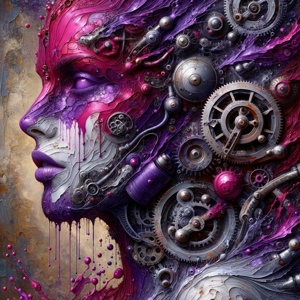 Full body image, a woman covered in purple paint, in the style of dark white and dark red, organic material, layered acr...