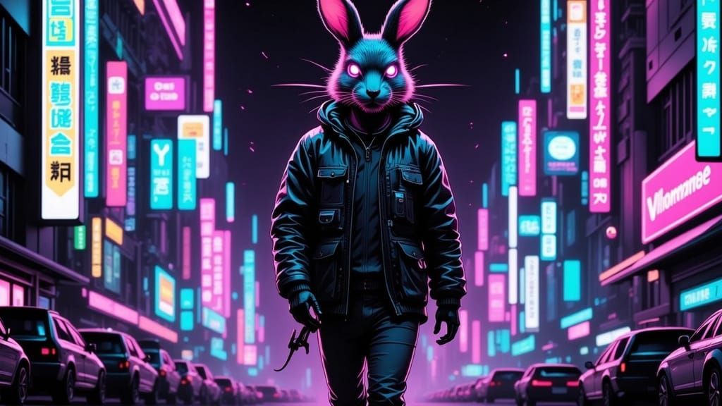 Rabbit Walks Shinjuku in Synthwave Style